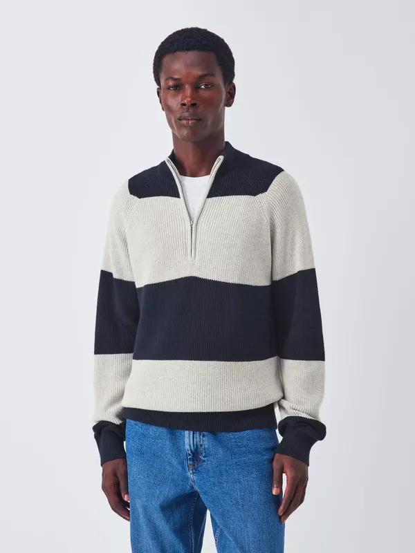 John Lewis Cotton Blend with Cashmere Half Zip Striped Jumper, Neat Navy/Lather