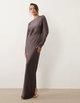 satin batwing maxi dress in brown