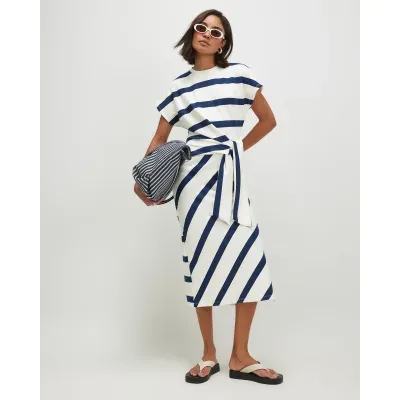 Cream Premium Stripe Tie Side Midi Dress