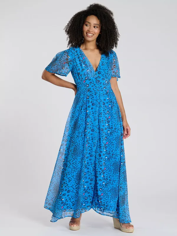 South Beach Printed Metallic Chifon Button Detail Midi Dress, Blue/Multi