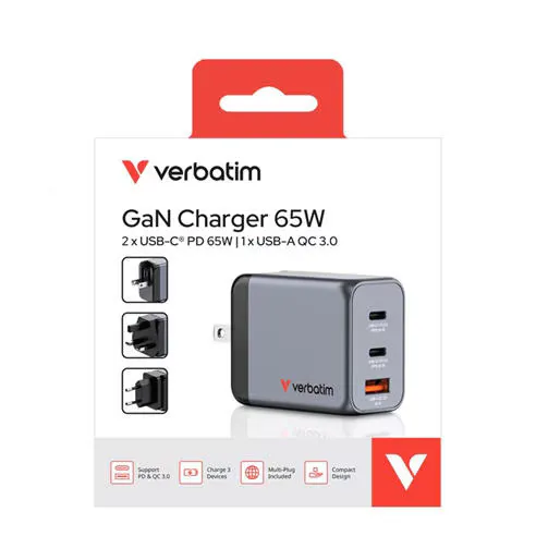 Verbatim 65W 3-Port GaN Wall Charger 2 x USB-C® PD 65W / 1 x USB-A QC 3.0 (EU/UK/US)