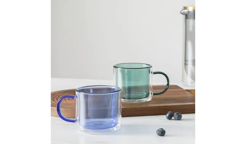 Habitat Double Walled Set of 2 Mugs - Blues & Green