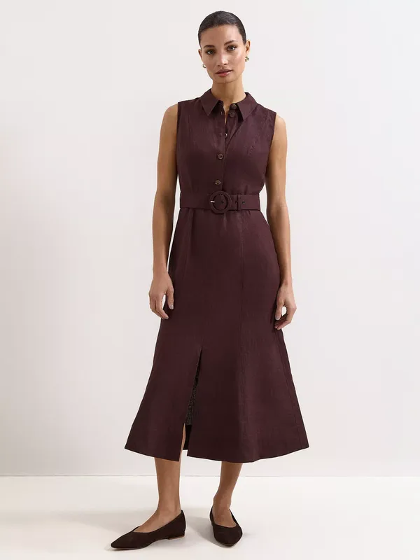 Phase Eight Elspeth Linen Sleeveless Shirt Dress, Brown