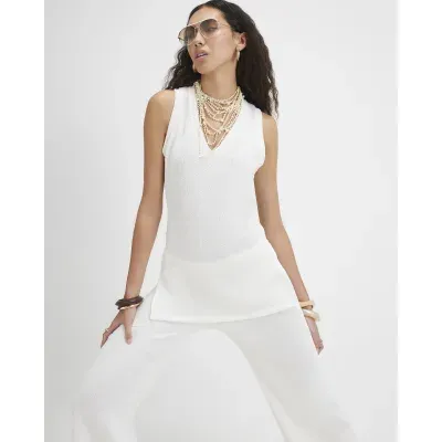 Cream Knit V Neck Tunic Top