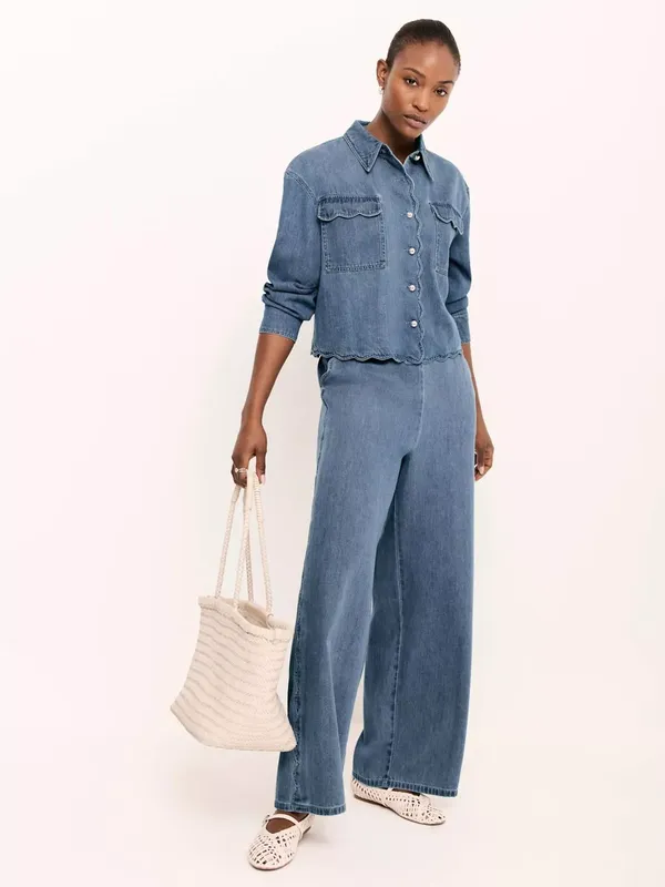 Mint Velvet Scallop Trim Wide Jeans, Blue