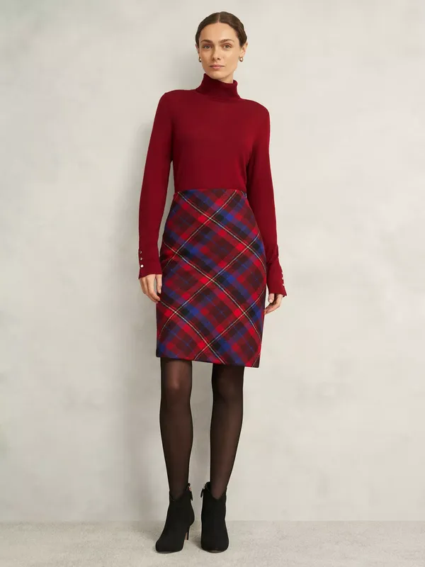 Hobbs Daphne Tartan Pure Wool Skirt, Red/Multi