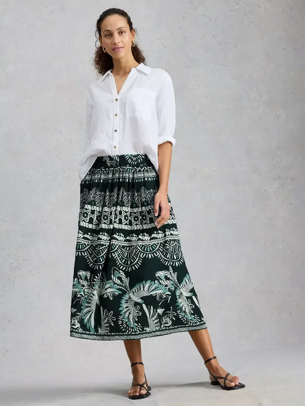 White Stuff Abigail A-Line Midi Skirt containing LENZING™ ECOVERO™ Viscose, Green/Multi