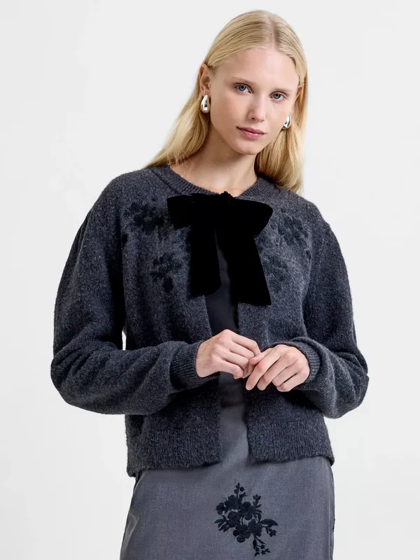 French Connection Irma Velvet Bow Cardigan, Charcoal Grey/Black