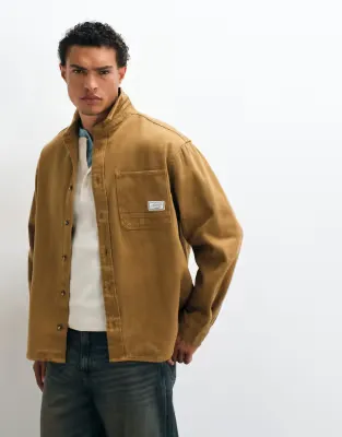 cotton twill oversized shirt with badge in brown