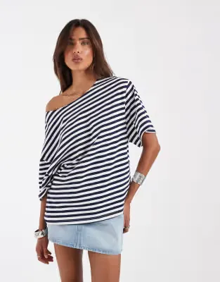 slouchy off shoulder oversized tee navy stripe