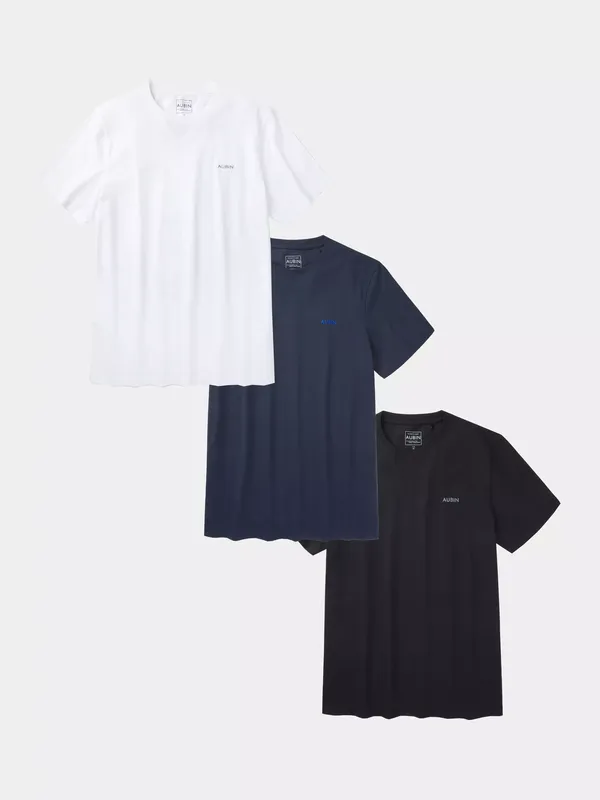 Aubin Durham Crew Neck Cotton T-Shirt, Pack of 3, White/Navy/Black