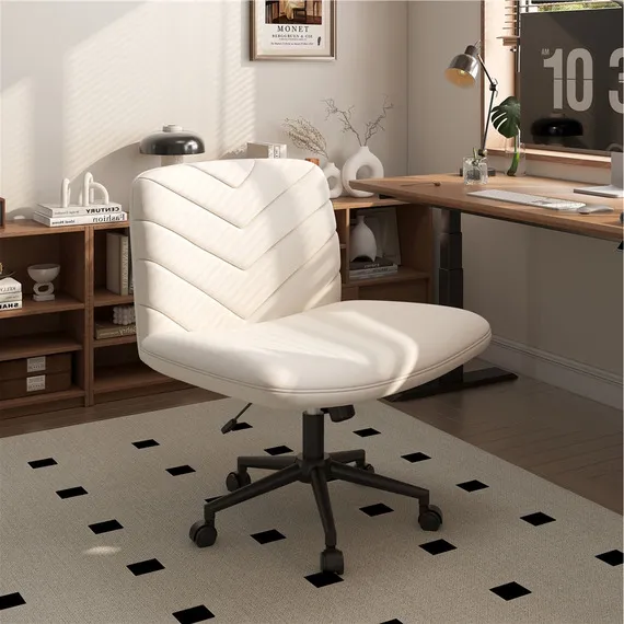 Yaheetech Rolling Desk Chair Makeup Chair with Extra Wide Seat - Beige
