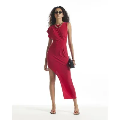 Red Asymmetric Hem Midi Dress