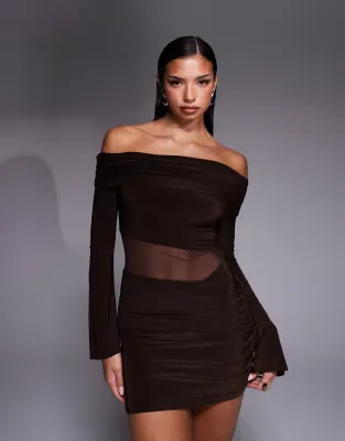 exclusive slinky bardot flare sleeve mesh insert mini dress in chocolate