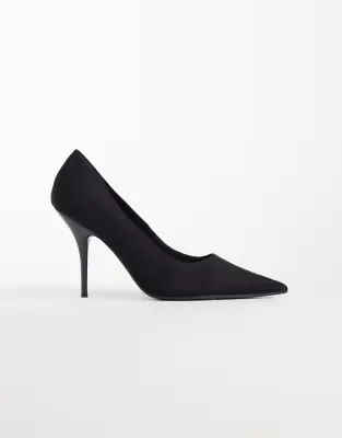 Perth pointed stiletto high heel court shoes in black suedette