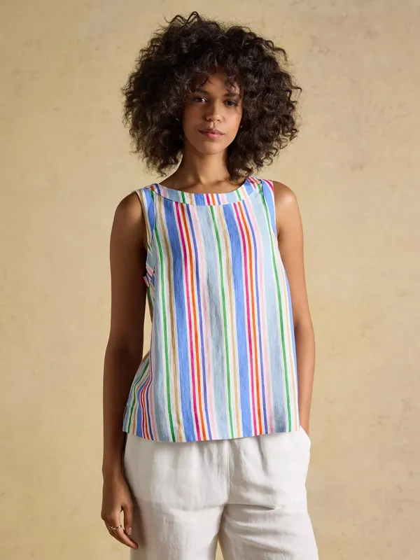 Joules Stripe Round Neck Linen Blend Sleeveless Top, Multi