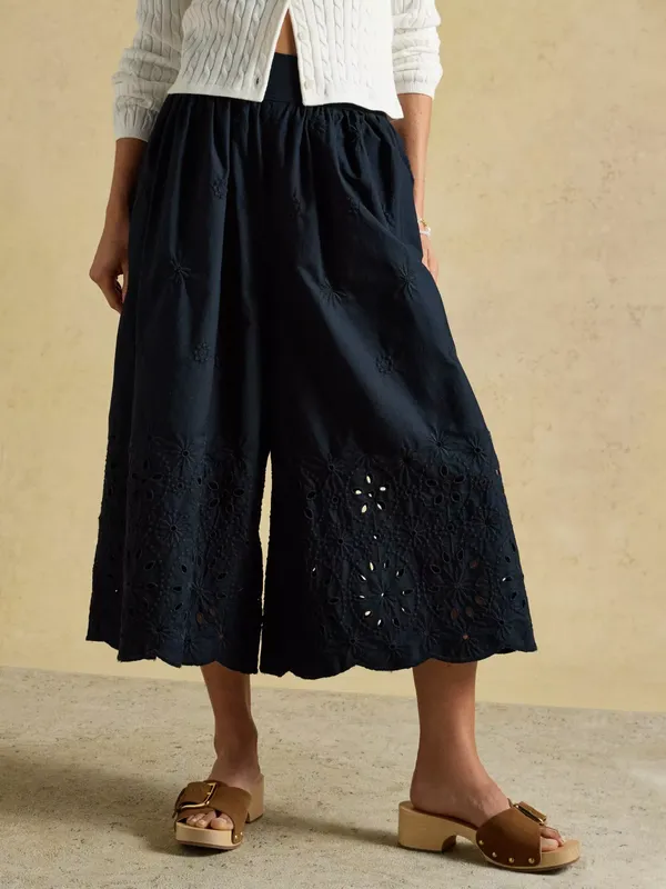 Joules Broderie Wide Leg Cropped Trousers, Navy