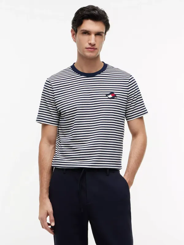 Tommy Hilfiger Crew Neck Stripe Cotton T-Shirt, Navy/Multi