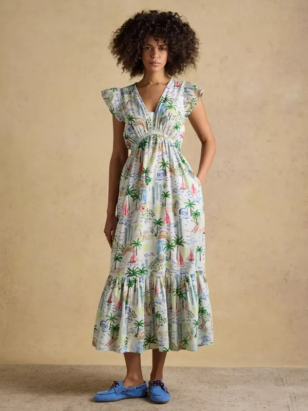 Joules Winnie Empire-Line Maxi Dress, Multi/White