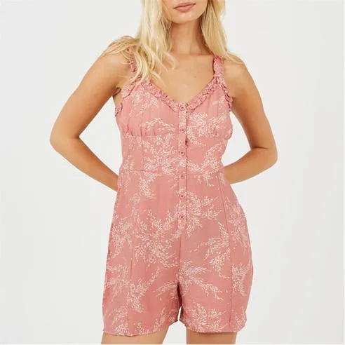 Brave Soul Womens Leaf Print Paysuit with Frilly Straps