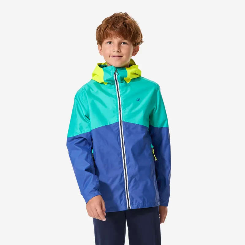 DECATHLON Kids’ waterproof and windproof sailing jacket, 100 blue lagoon yellow