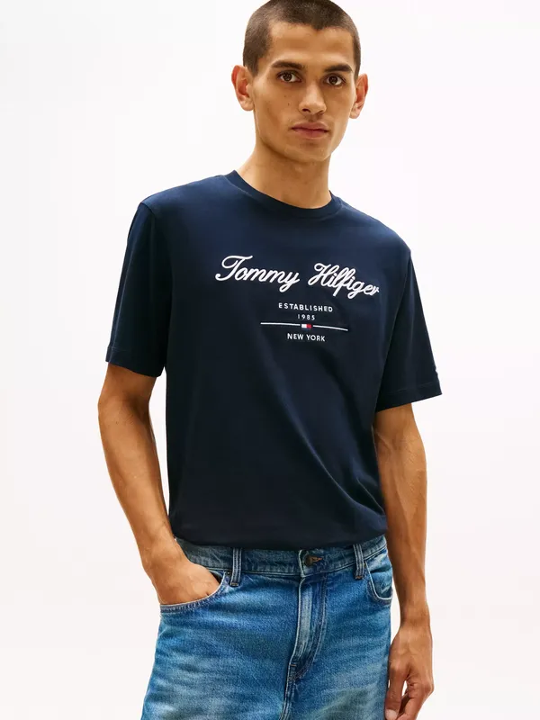Tommy Hilfiger Script Logo Cotton Crew Neck T-Shirt, Navy