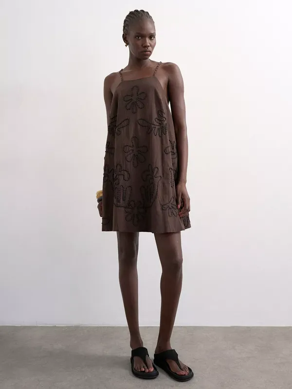 Topshop Sleeveless Cotton Blend Trapeze Mini Dress, Brown