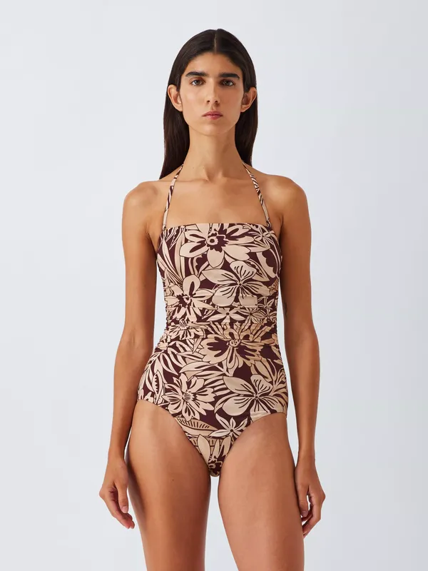 John Lewis Mali Floral Ruched Medium Control Bandeau Swimsuit, Berry/Cream
