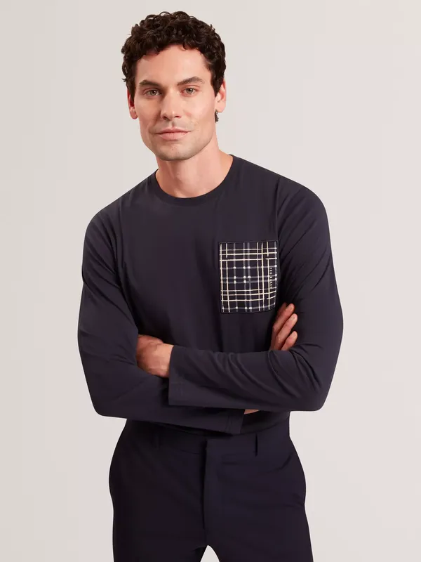 Ted Baker Sinino Crew Neck Long Sleeve Cotton T-Shirt, Navy