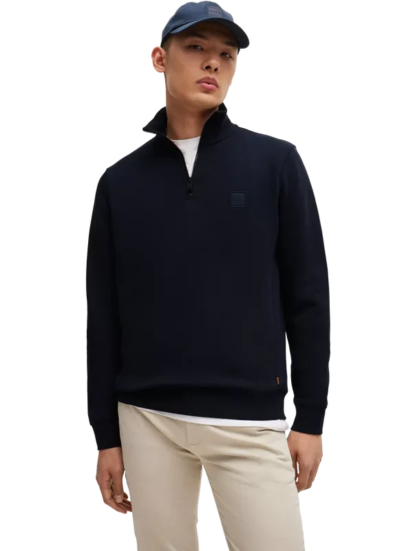 BOSS Cotton Zip-Neck Sweatshirt, Dark Blue