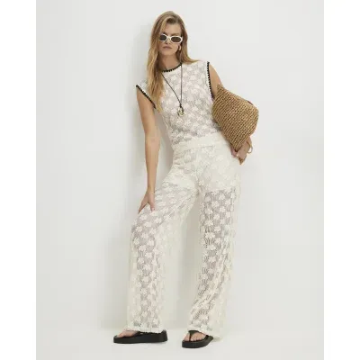 Cream Crochet Wide Leg Trousers