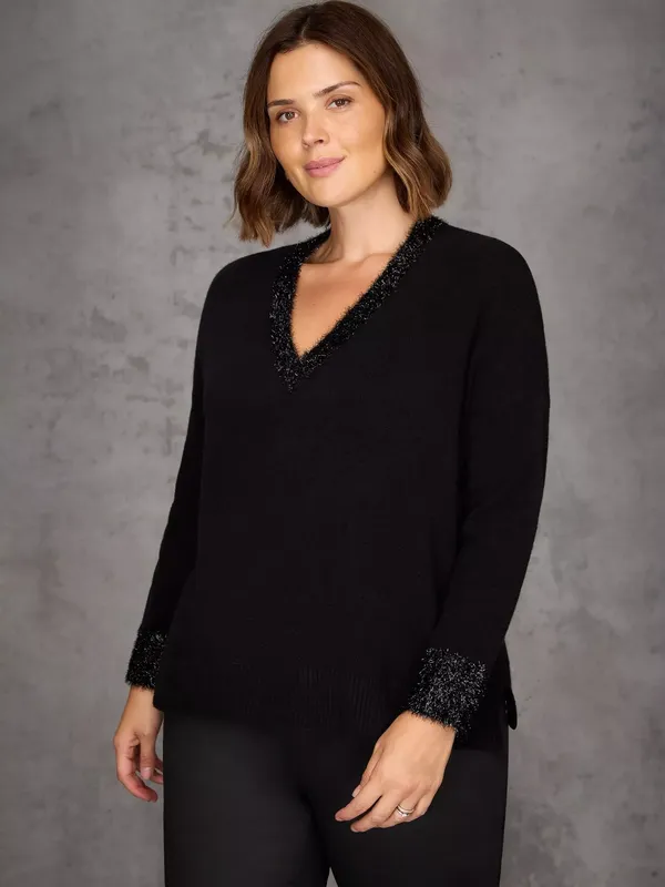Live Unlimited Curve V-Neck Sparkle Trim Jumper, Black