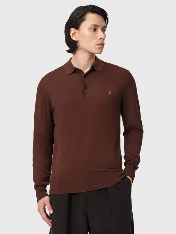 AllSaints Mode Merino Wool Long Sleeve Polo Shirt, Hot Chocolate Brown