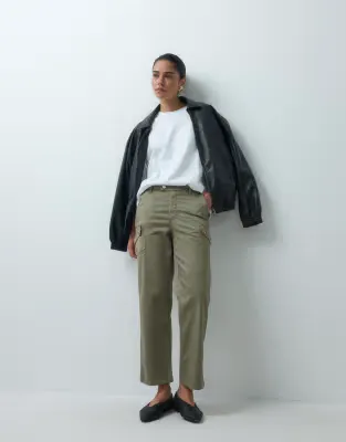 awkward length cargo trouser with pocket detail in khaki