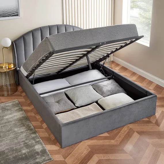 Curved Velvet Winged Storage Ottoman Bed - Grey / No / Double