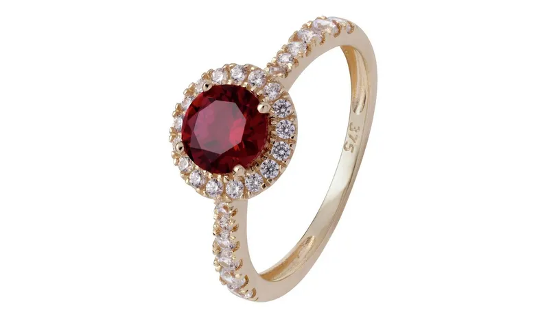 Revere 9ct Gold Ruby Colour Cubic Zirconia Halo Ring