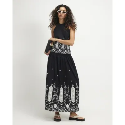 Black Cotton Cutwork Hem Maxi Skirt