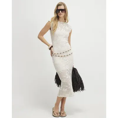 Beige Crochet Sleeveless Maxi Dress