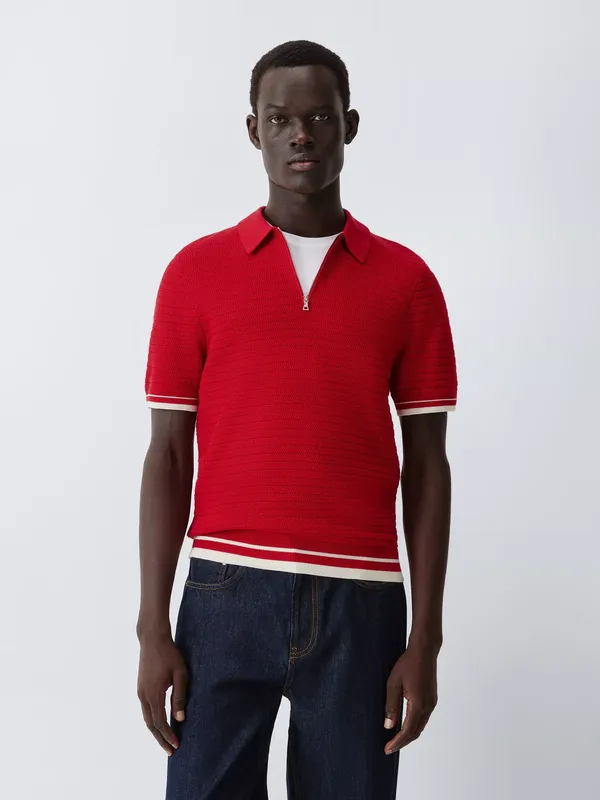 John Lewis Zip Neck Short Sleeve Textured Cotton Knit Polo Shirt, Red