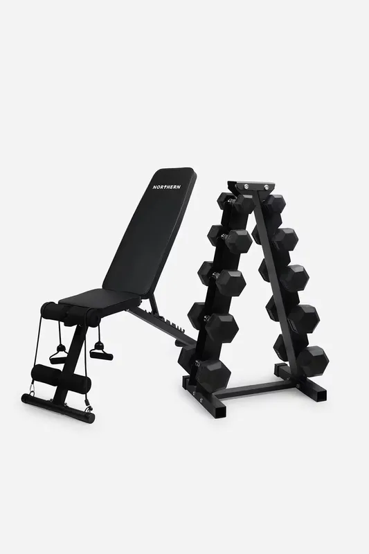 NORTHERN Hex Dumbbell Set 2.5-12.5kg with 5-Tier Rack & Bench