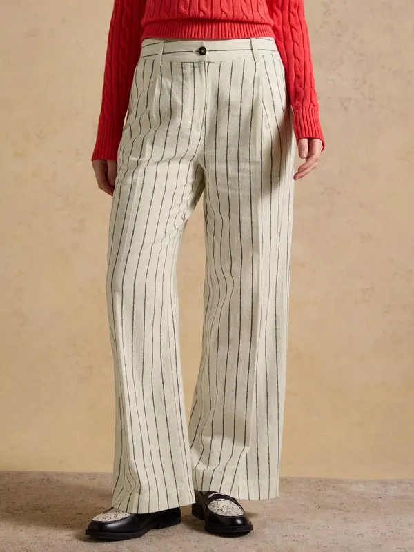 Joules Stripe Linen Rich Wide Leg Trousers, Cream/Navy