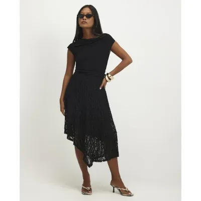 Petite Black Lace Hybrid Drape Dress