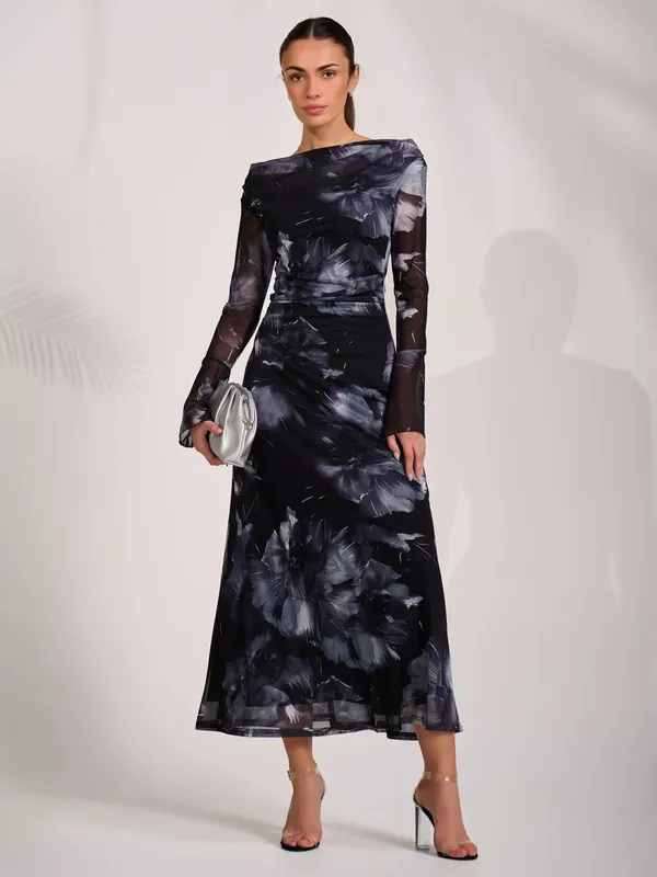 Jolie Moi Abstract Slash Neck Long Sleeve Maxi Dress