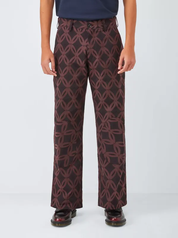 John Lewis x LABRUM Applique Geometric Print Cotton Blend Trousers, Bitter Chocolate