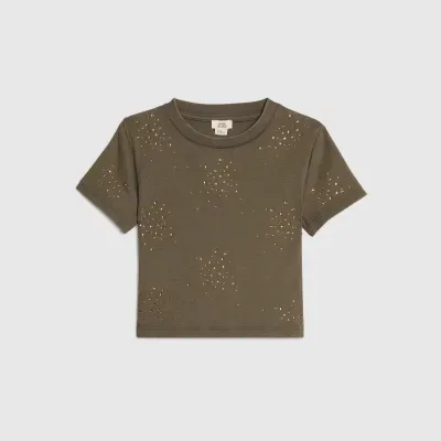 Girls Khaki Scattered Embellished T-Shirt