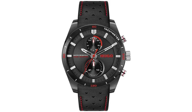 HUGO Men's Black Leather Strap Multifunction Watch