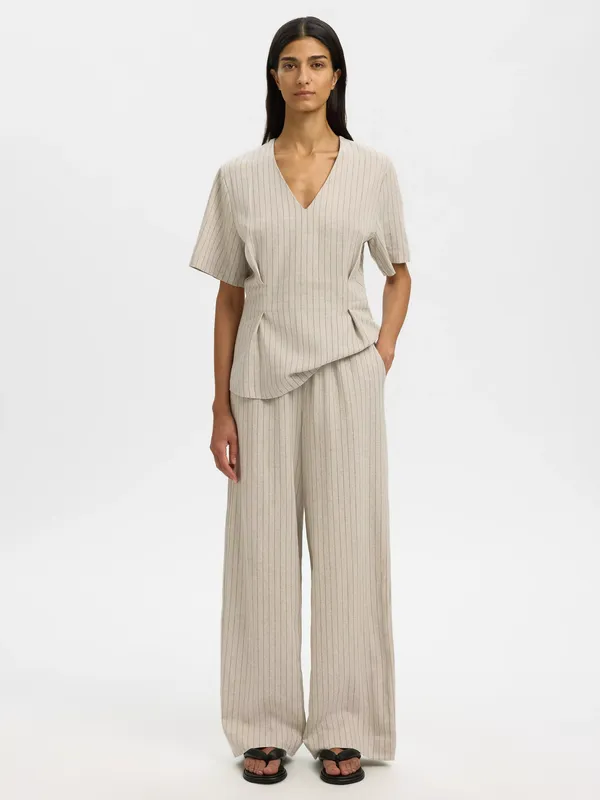 Selected Mariam Wide Leg Linen Blend Trousers, Nature Stripe