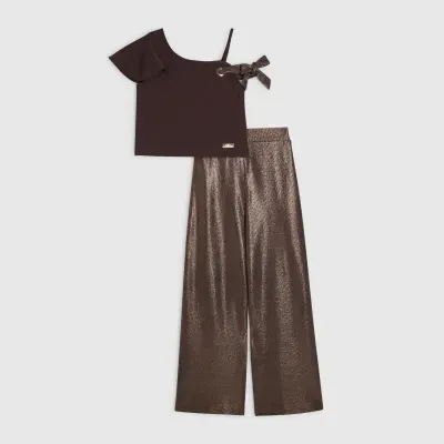 Girls Brown Metallic Top And Trousers Set
