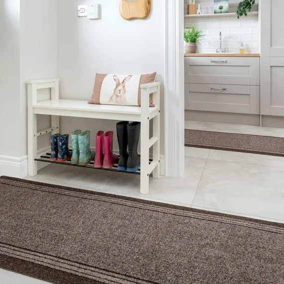 Cut To Measure Non Slip Hard Wearing Kitchen Utility Runner Rug - Brown / 304cm