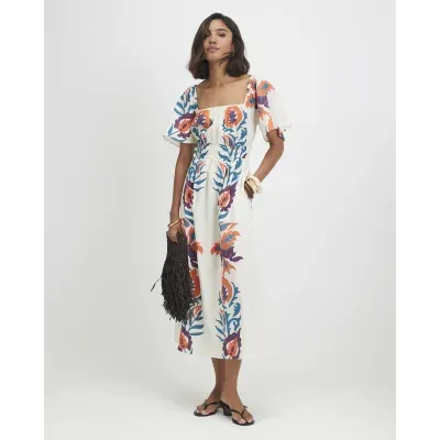 White Cotton Two Tone Floral Midi Dress